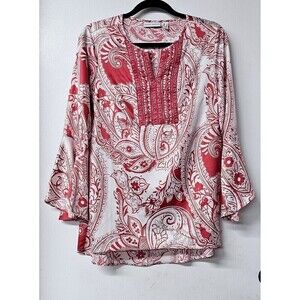SUSAN GRAVER Salmon Printed Lace Super Soft Bell Long Sleeve Boho Tunic Shirt 4